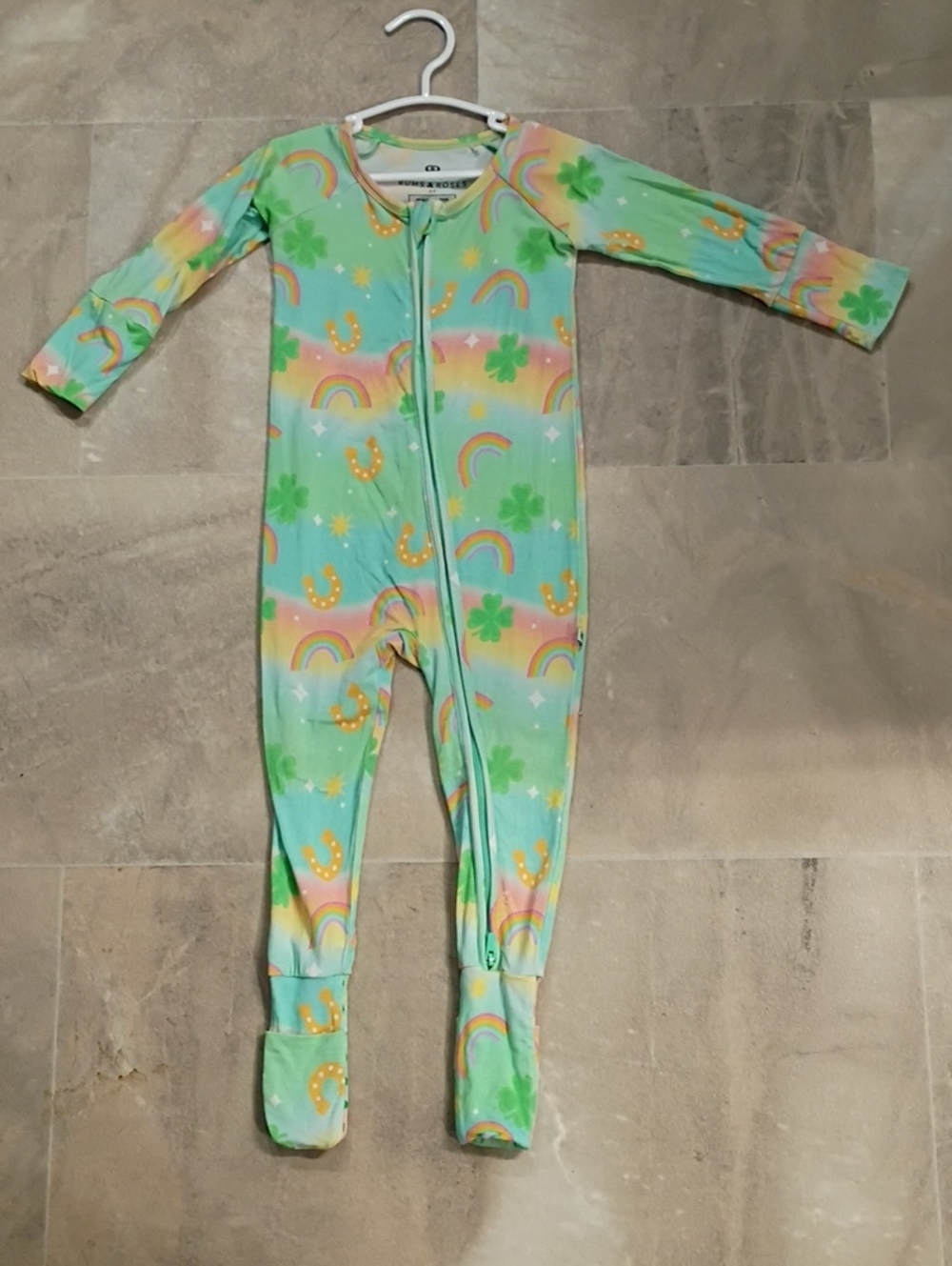 Bums And Roses 2t Footed One-Piece with Rainbow & Clover Print